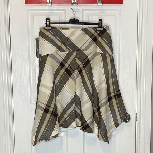 NYGARD Cream Brown Plaid Asym Wrap Midi Skirt Linen Blend D-Ring US 14 - Picture 5 of 16